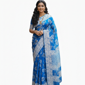 Blue Printed Chiffon Saree with Blouse Piece.